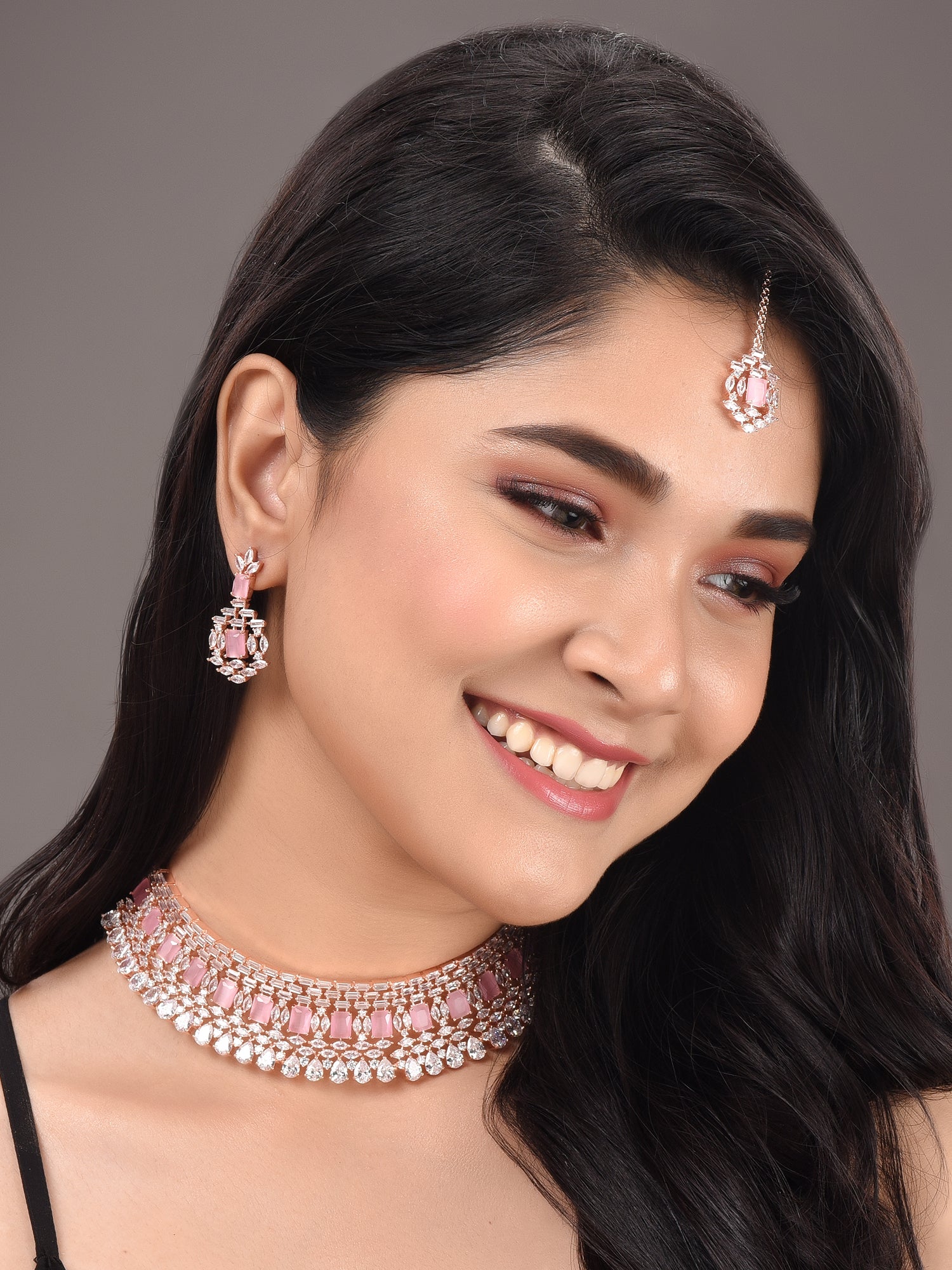 Rose Gold Plated Pink & White AD Studded Choker Earrings &Maang Tika Jewellery Set, zaveri pearls, sale price rs, sale price, sale gold plated, sale gold, sale, rubans, ring, regular price, p